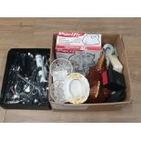 2 BOXES CONTAINING CUTLERY ELECTRIC HAND BLENDER GLASS WARE ETC