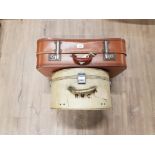 A VINTAGE PIG SKIN COVERED HAT BOX INITIAL RMC (NO KEY) TOGETHER WITH A SUITCASE BY CHENEY