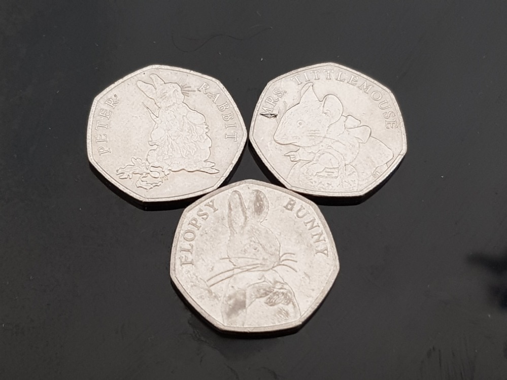 3 UK 2018 50P PIECES TO INCLUDE FLOPSY BUNNY PETER RABBIT AND MRS TITTLEMOUSE ALL GOOD CONDITION