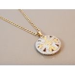 18CT GOLD WHITE STONE SET WHEEL STYLE PENDANT WITH CURB CHAIN 16.1G LENGTH 50CMS