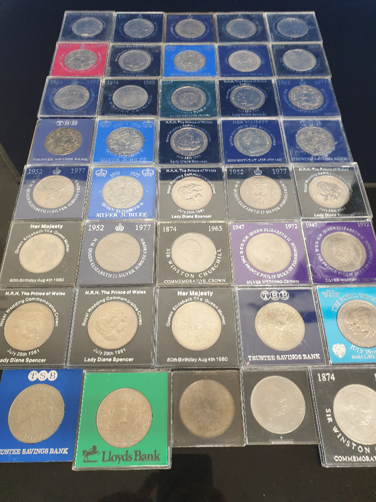 40 COMMEMORATIVE CROWNS ALL IN PLASTIC CASES FROM 1965 -1981