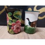 WEMYSS POTTERY SPILL VASES ONE PHEASANT DECORATION THE OTHER CABBAGE ROSE ON BLACK GROUND SIGNED AND