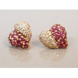 18CT GOLD RUBY AND DIAMOND CLUSTER EARRINGS HEART SHAPED 5.8G