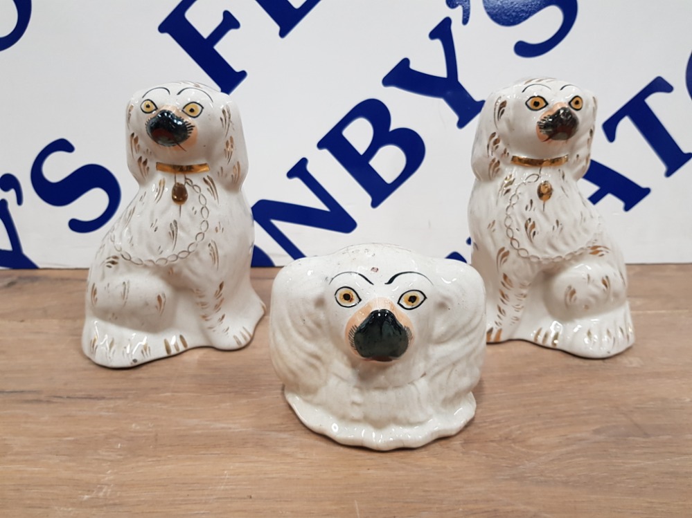 PAIR OF STAFFORDSHIRE WHITE FLAT BACKS EARLY VICTORIAN DOGS AND A RARE STAFFORDSHIRE MONEY BOX