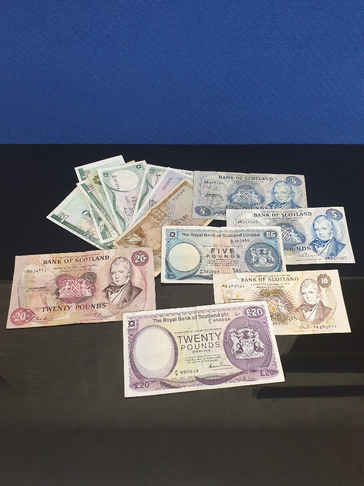 13 DIFFERENT SCOTTISH BANKNOTED AND ONE EACH FROM JERSEY GUERNSEY AND ISLE OF MAN FACE VALUE