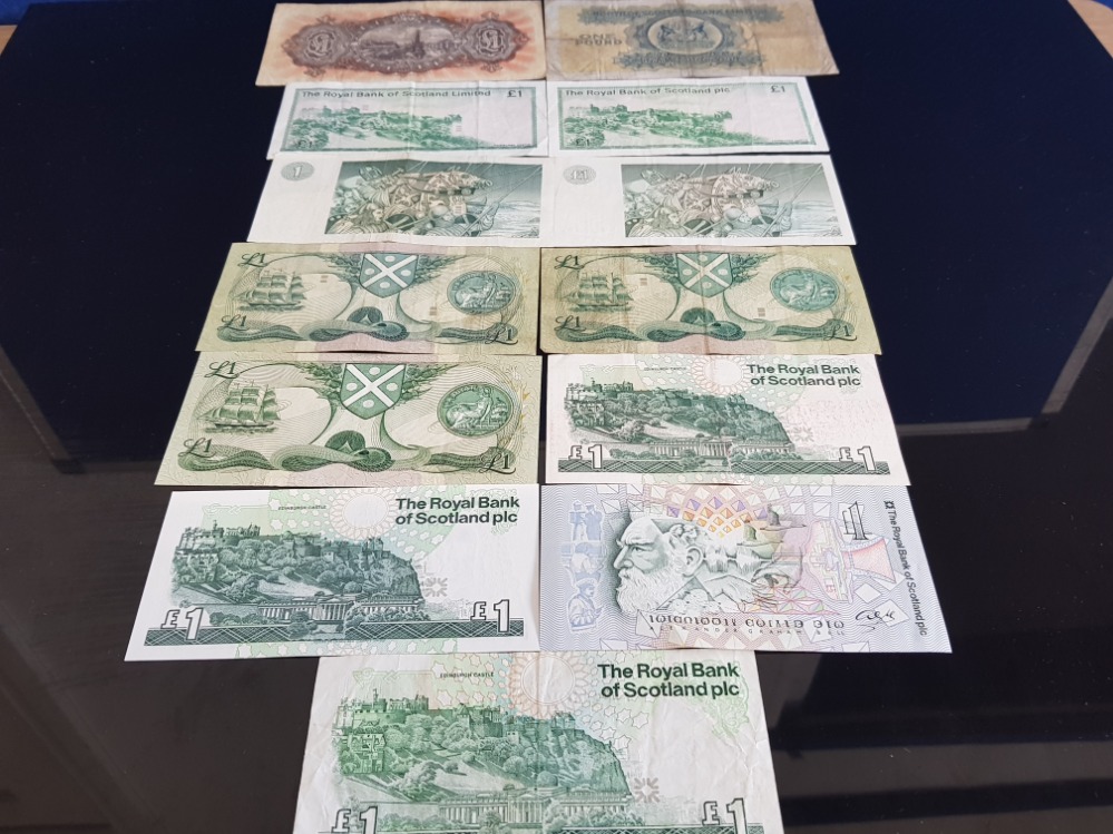 13 DIFFERENT SCOTTISH £1 BANKNOTES INC NORTH OF SCOTLAND BANK 1939 JULY SOILED AND CREASED, NATIONAL