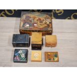 7 MISCELLANEOUS WOODEN BOXES TO INCLUDE MINI LEATHER CHEST FLORAL PATTERNED BOX ETC