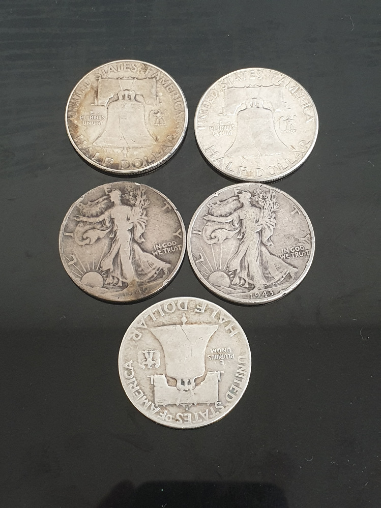 5 COINS INC USA SILVER HALF DOLLARS 1940 AND 1943 WALKING LIBERTY 1948 1954 AND 1963 FRANKLIN