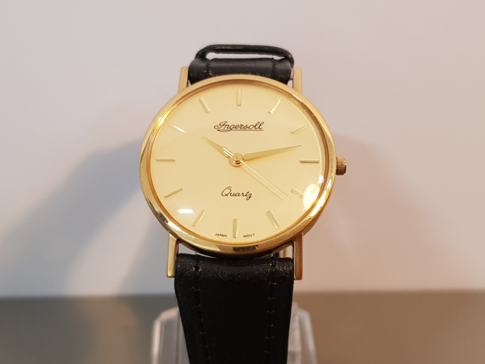 9CT GOLD INGERSOLL QUARTZ WATCH WITH BLACK LEATHER STRAP