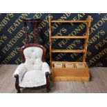 A REPRODUCTION CHILDREN'S CHAIR TOGETHER WITH PINE BOOKSHELF PINE HANGING COAT HOOK WITH 3 DRAWERS