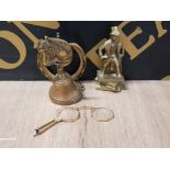 3 BRASS ITEMS TO INCLUDE LORGNETTE WALL HANGING BRASS HORSE BELL AND A FIGURE OF DAVID COPPERFIELD