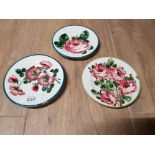 THREE WEMYSS POTTERY TEA PLATES CABBAGE ROSE AND ROCK ROSE PATTERN STAMPED AND SIGNED