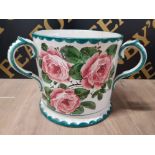 A SUBSTANTIAL WEMYSS POTTERY CABBAGE ROSE PATTERN TYG SIGNED AND STAMPED 23CM HIGH