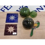 3 ANTIQUE GLASS FLOATS 2 VICTORIAN ENGRAVED GLASS SQUARE PANELS AND GLASS PARROT