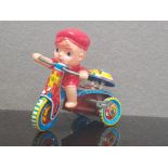 VINTAGE CELLUOID AND TIN LITHO WIND UP BOY ON BIKE GREAT CONDITION