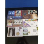 6 STAMP/COIN COVERS 1986-2007 DIFFERENT MOSTLY ROYAL MAIL/MINT ISSUES