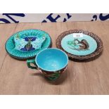 1 MINTON MAJOLICA CABINET PIECE CUP 1 CABINET PLATE VILLEROY AND BOCH DRESDEN 1883