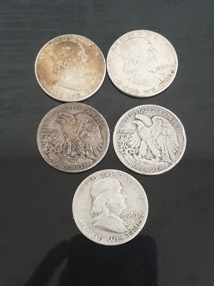 5 COINS INC USA SILVER HALF DOLLARS 1940 AND 1943 WALKING LIBERTY 1948 1954 AND 1963 FRANKLIN - Image 2 of 2