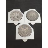 3 USA SILVER MORGAN $1 COINS 1884 1887 AND 1888 FAIRLY WORN CONDITION