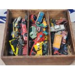 A 3 SECTION TRAY CONTAINING VINTAGE DIE CAST VEHICLES SUCH AS MATCHBOX LESNEY CORGI ETC