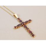 GOLD 18CT GARNET SET CROSS PENDANT WITH 18CT GOLD CHAIN 8G SIZE 5CMS