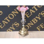 VICTORIAN BRASS AND PLATED SPILL VASE WITH ENAMEL FLORAL DECORATION TO FLUTE - NICE TABLE CENTRE