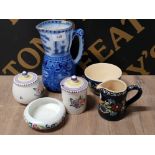 LARGE BLUE AND WHITE ROYAL DOULTON JUG TOGETHER WITH POOLE LIDDED POTS AND BOWL ETC