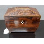 A VICTORIAN INLAID ROSEWOOD SARCOPHAGUS SHAPED TEA CADDY OPENING TO REVEAL RED VELVET INTERIOR AND