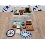A BOX OF MISCELLANEOUS TO INCLUDE SMALL BOXES DAVE MILLER TELESCOPE ROWNEYS WATER COLOUR BOX ETC