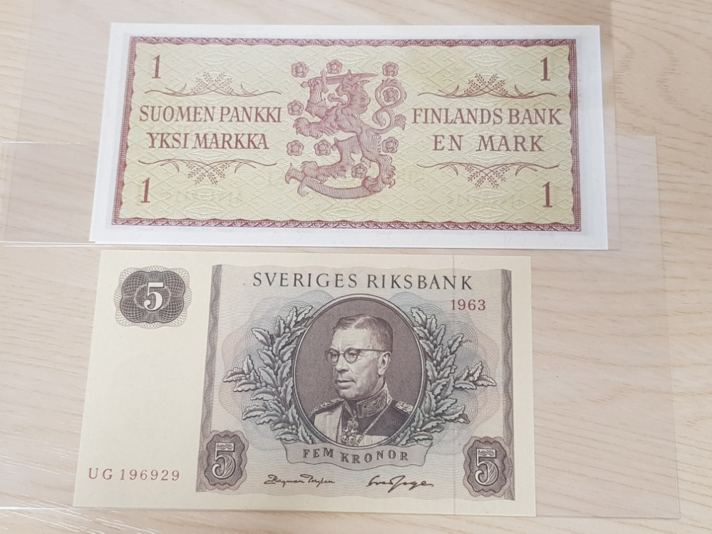 3 UNCIRCULATED SWEDISH BANKNOTES INCLUDING 1963 5 KRONOR ONE MARK AND TWO MARKS DATED 1963