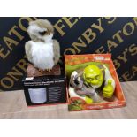 LARGE SHREK 2 TALKING COOKIE JAR, ELECTRONIC MOVING OWL AND BOXED CORDES CC-2200 DOORBELL