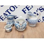 4 VICTORIAN BLUE AND WHITE MILK AND CREAM JUGS