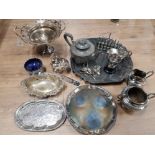 SILVER PLATED ITEMS TO INCLUDE WAITERS COMPORT SALT PIG PART TEA SET