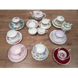 A ROYAL CROWN DERBY TEA FOR TWO (INCOMPLETE WITH DAMAGES) TRIOS BY ROYAL GRAFTON ADDERLEY TUSCAN