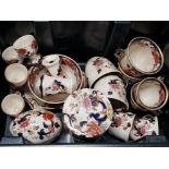 A BOX OF MASONS MANDALAY PATTERNED CHINA INC JAM JAR ETC