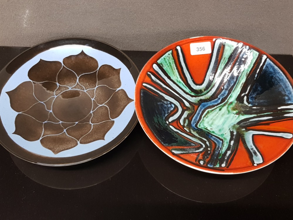 POOLE AEGEAN PATTERN ABSTRACT DISH AND FLORAL PATTERN SHALLOW BOWL APPROXIMATELY 27CM DIAMETER EACH