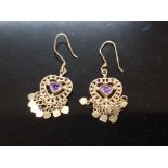 9CT GOLD AND AMETHYST FANCY HEART SHAPED DROPLET EARRINGS 5.2G GROSS