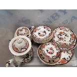 A BOX CONTAINING MASONS MANDALAY PATTERNED TEA CHINA INCLUDES TEAPOT COFFEE POT ETC