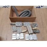 WOODEN CRATE CONTAINING DIE CAST SEA FISHING WEIGHT MOULDS, INCLUDES BEACH BOMB AND GRIPPER MOULDS