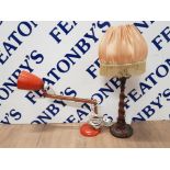 VINTAGE ORANGE METAL AND WOODEN ANGLEPOISE LAMP TOGETHER WITH OAK BARLEY TWIST TABLE LAMP