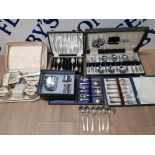 BOX CONTAINING MISC SILVER PLATED CUTLERY SETS ALSO INCLUDES VINTAGE VANITY SET AND EPNS CUP SET