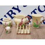 5 PIECES OF VINTAGE CARLTON YELLOW FOXGLOVE CHINA INCLUDES WATER JUG TOAST RACK ETC