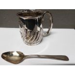 A VICTORIAN SILVER CHRISTENING MUG MAKER'S MARK E.S.B TOGETHER WITH A GEORGIAN SILVER TEASPOON 127.