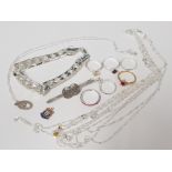 SILVER JEWELLERY LOT INCLUDES 6 SILVER CHAINS, 6 DRESS RINGS, PENDANT, FLAT CURB LINK BRACELET, BUDE