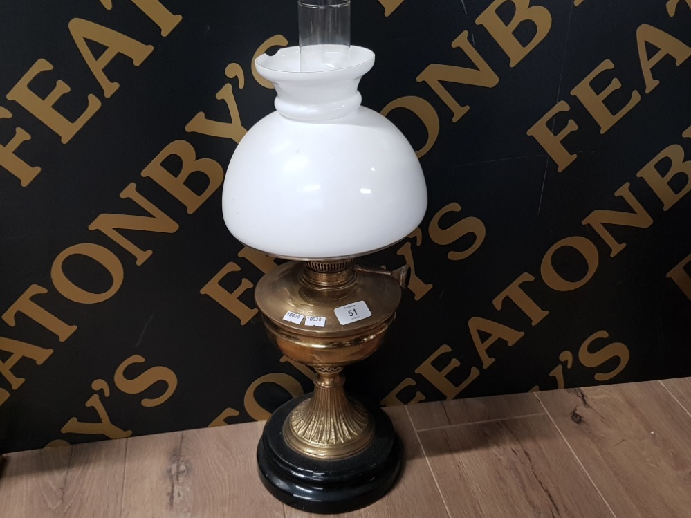 VINTAGE BRASS OIL PARAFFIN LAMP ON BASE WITH CHIMNEY AND WHITE ROUND GLASS SHADE