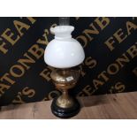 VINTAGE BRASS OIL PARAFFIN LAMP ON BASE WITH CHIMNEY AND WHITE ROUND GLASS SHADE