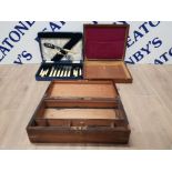 A CANTEEN CONTAINING FISH KNIVES AND FORKS PLUS 2 WOODEN BOXES ONE BRASS BOUND