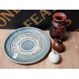 BOB PARKS CULLODEN POTTERY INCLUDES LARGE SUNBURST DISH WITH SMALL TENMOKU RIBBED VASE AND BRIDGET