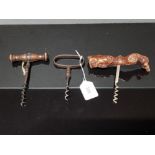 TWO 19TH CENTURY CORKSCREWS TOGETHER WITH A BURR WOOD HANDLED ONE