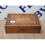 VERY NICE SEWING CHEST HEAVILY INLAID WITH OXEN AND SLEIGH THEME 30CM X 19CM